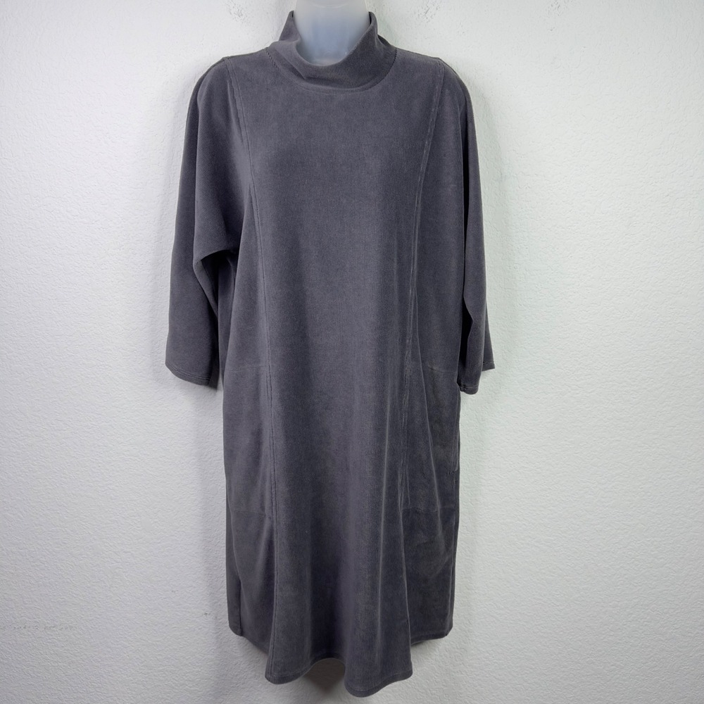 Pure Jill Corduroy Dress Womens L Gray Mock Neck Lagenlook Minimalist Relaxed